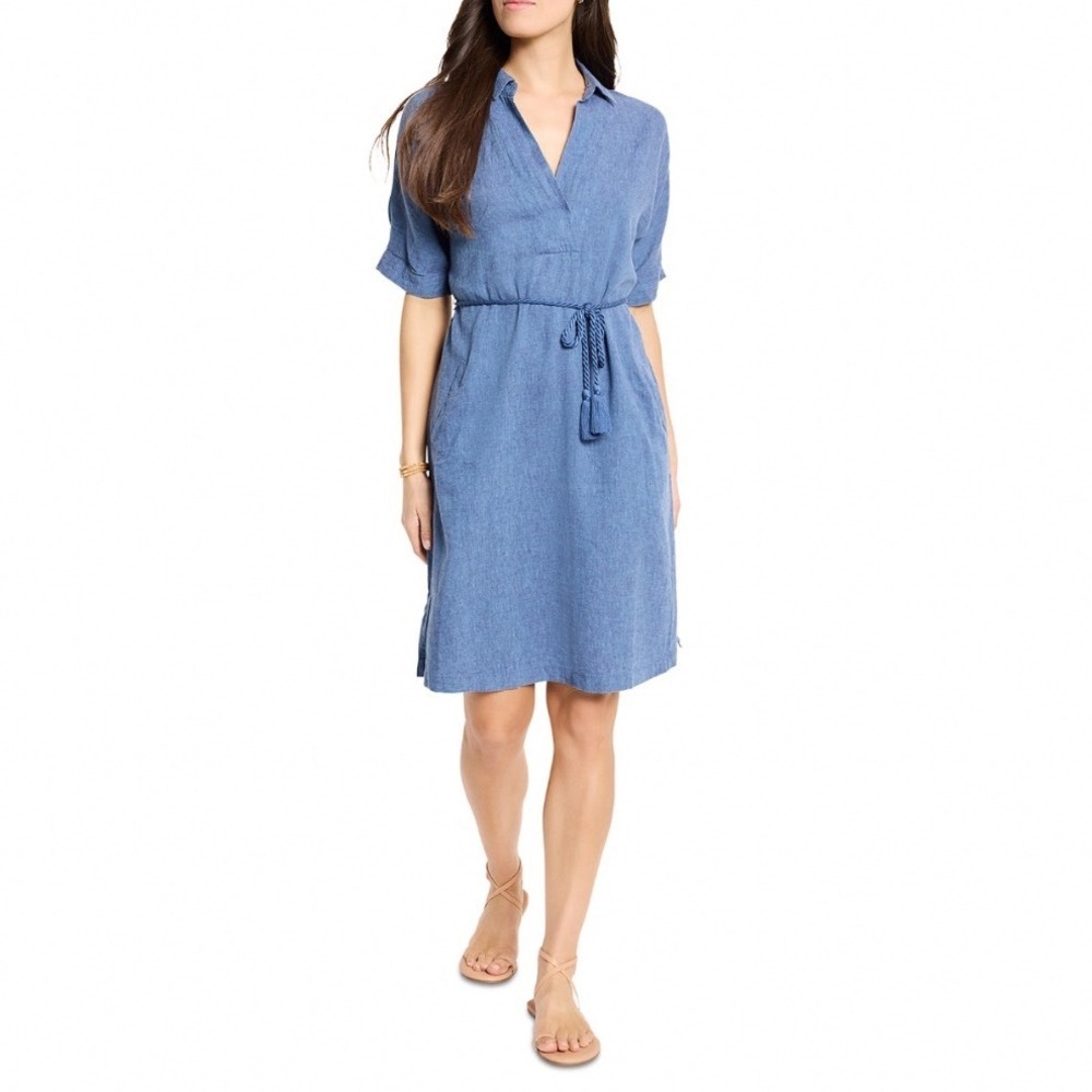 NIC+ZOE Rumba Linen Blend‎ Belted Dress Blue Mix XL Devon Silhouette Pullover